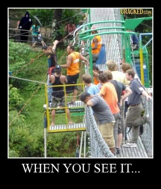 a group of people standing on top of a rope bridge with the caption when you see it