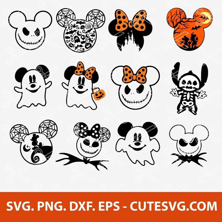 mickey and minnie mouse heads with pumpkins on them for halloween svg, dxf