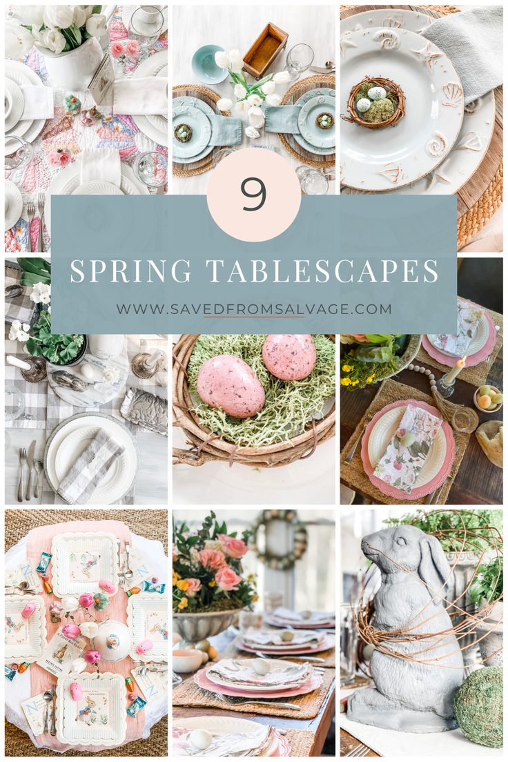 PICTURES OF 9 DIFFERENT TABLESCAPES FOR EASTER AND SPRING Easter Tablescape Ideas, Diy Napkin Rings, Garden Themes, Easter Egg Decor, Egg Decor, Easter Baby Shower, Baby Shower Table Decorations, Creative Tables, Tablescape Ideas