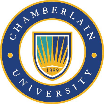 the logo for the university of chamberellan in blue, yellow and white colors