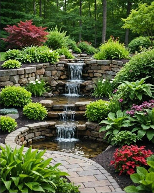 a small waterfall in the middle of a garden