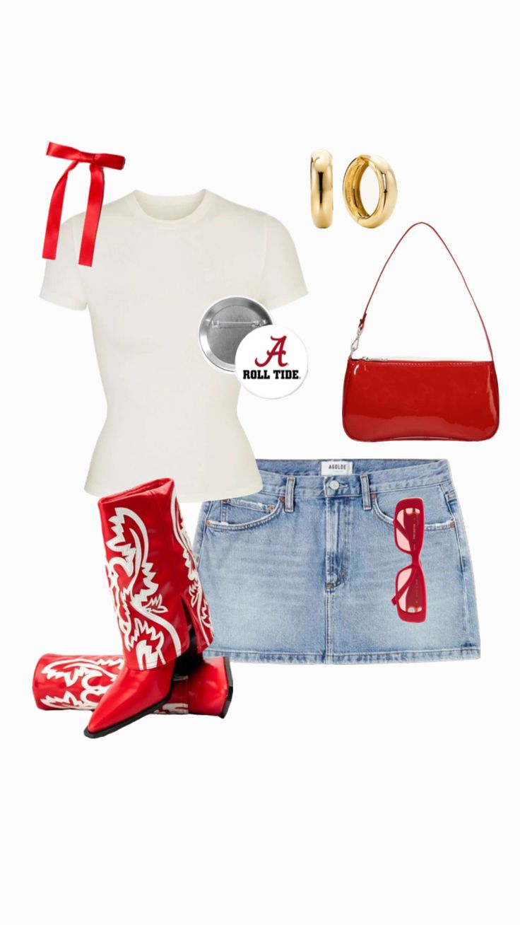 alabama gameday outfit🤍 Rams Game Day Outfit, Alabama Tailgate Outfit, Game Day Tops, Bama Football Outfits, Red College Game Day Outfit, Red And White Game Day Outfit, Alabama Game Day Fits, Alabama Rush Week Outfits, Gameday Outfit Black Women