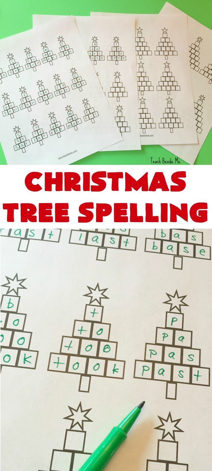 christmas tree spelling activity for kids to practice their handwriting and number recognition skills with the help of a green pen