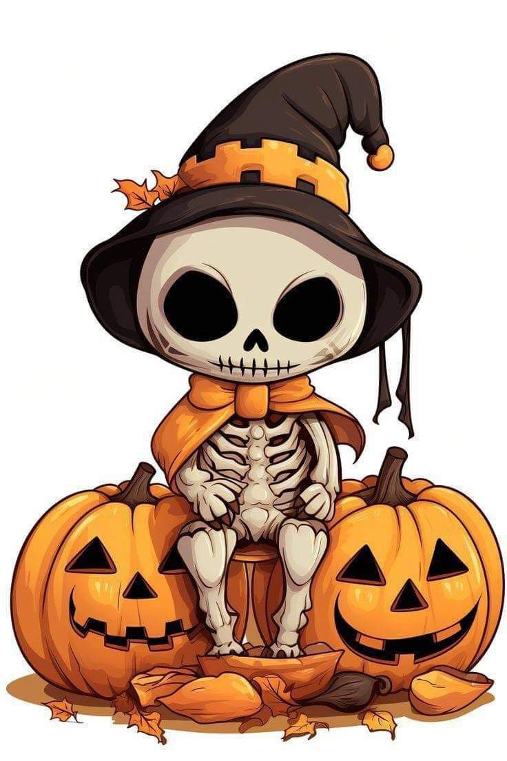 a skeleton sitting on top of pumpkins wearing a witches hat and holding a jack - o'- lantern