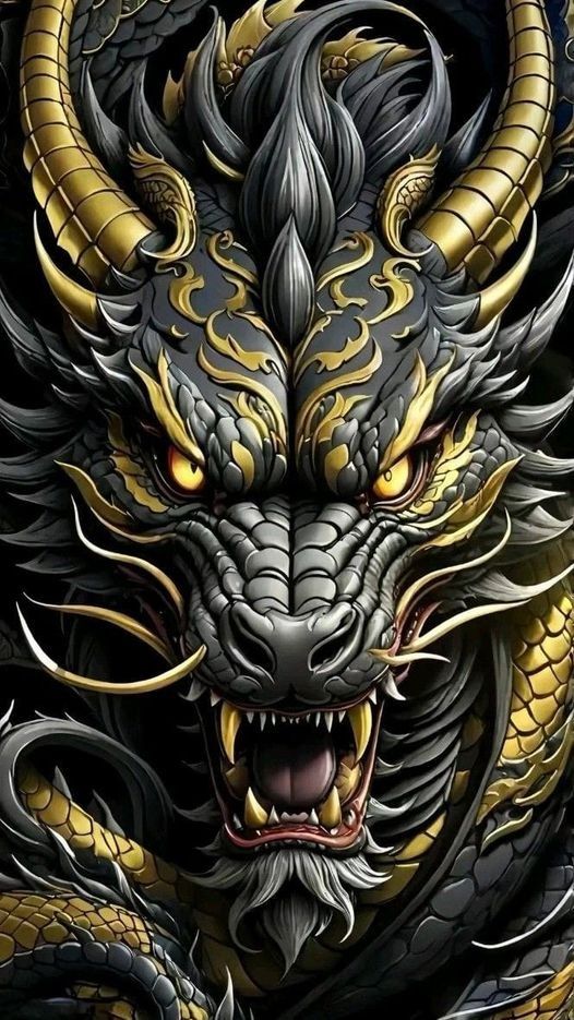 a dragon with yellow and black colors on it's face is shown in this image