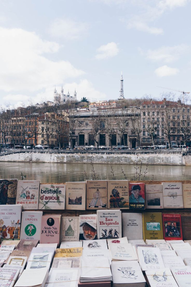 there are many books on display in front of the water and buildings that surround it