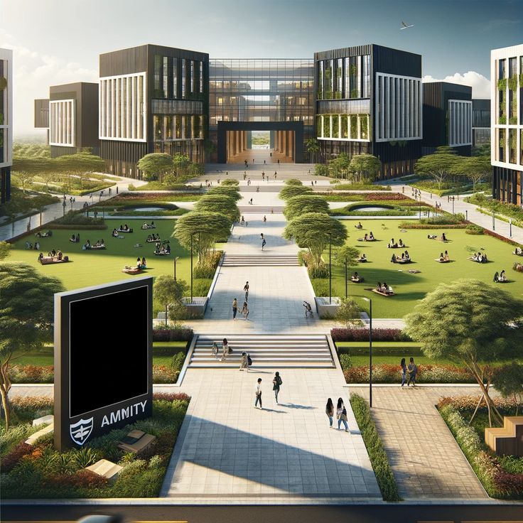 an artist's rendering of a campus with people walking around