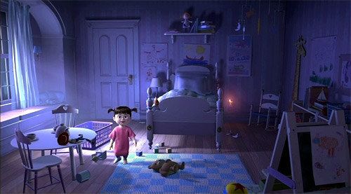 an animated image of a child playing with toys in a purple lit room, surrounded by other children's toys