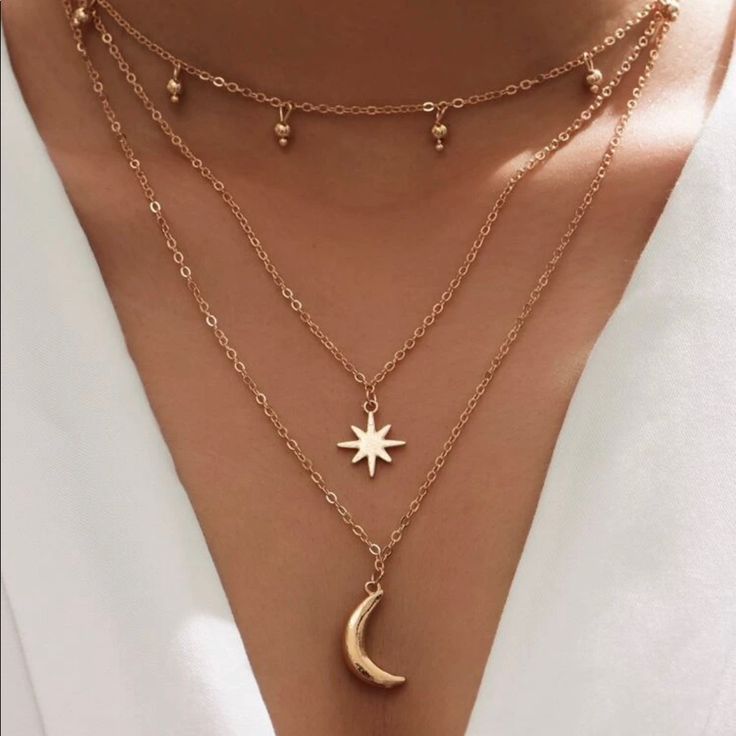 Moon Charm Layered Necklace Material Alloy Zinc Length 15.7 19.7 Gold Moon Charm Necklace For Parties, Gold Necklace With Moon Charm For Party, Star Charm Necklace, Star And Moon, Moon Pendant Necklace, Casual Jewelry, Jewelry Accessories Ideas, Fancy Jewellery, Fancy Jewelry