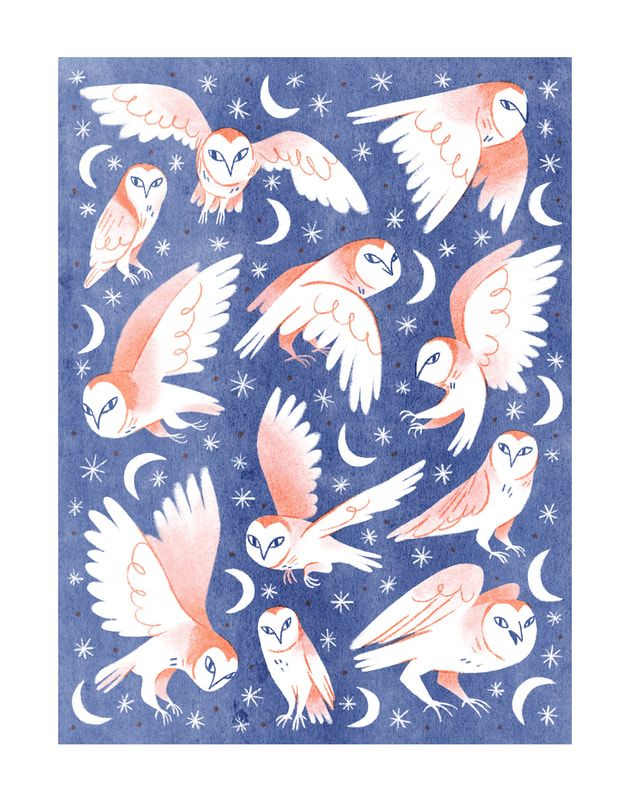 an illustration of owls flying in the sky with stars and crescents around them on a blue background