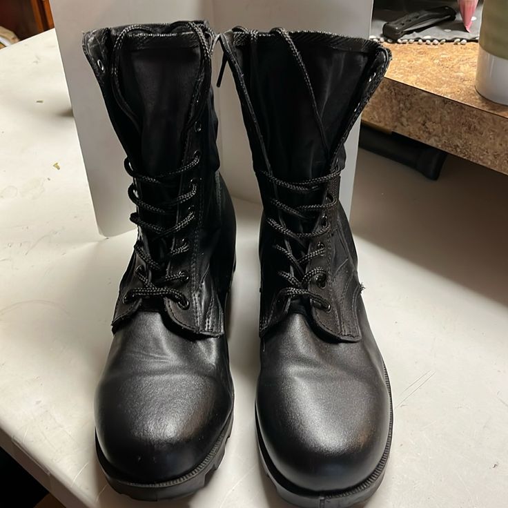 Great New Condition Black Size 11r Leather Lace Up Black Synthetic Boots With Leather Footbed, Black Synthetic Work Boots With Round Toe, Black Plain Toe Synthetic Boots, Black Military Boots, Jungle Boots, Black Combat Boots, Tactical Boots, Black High Tops, Military Boots