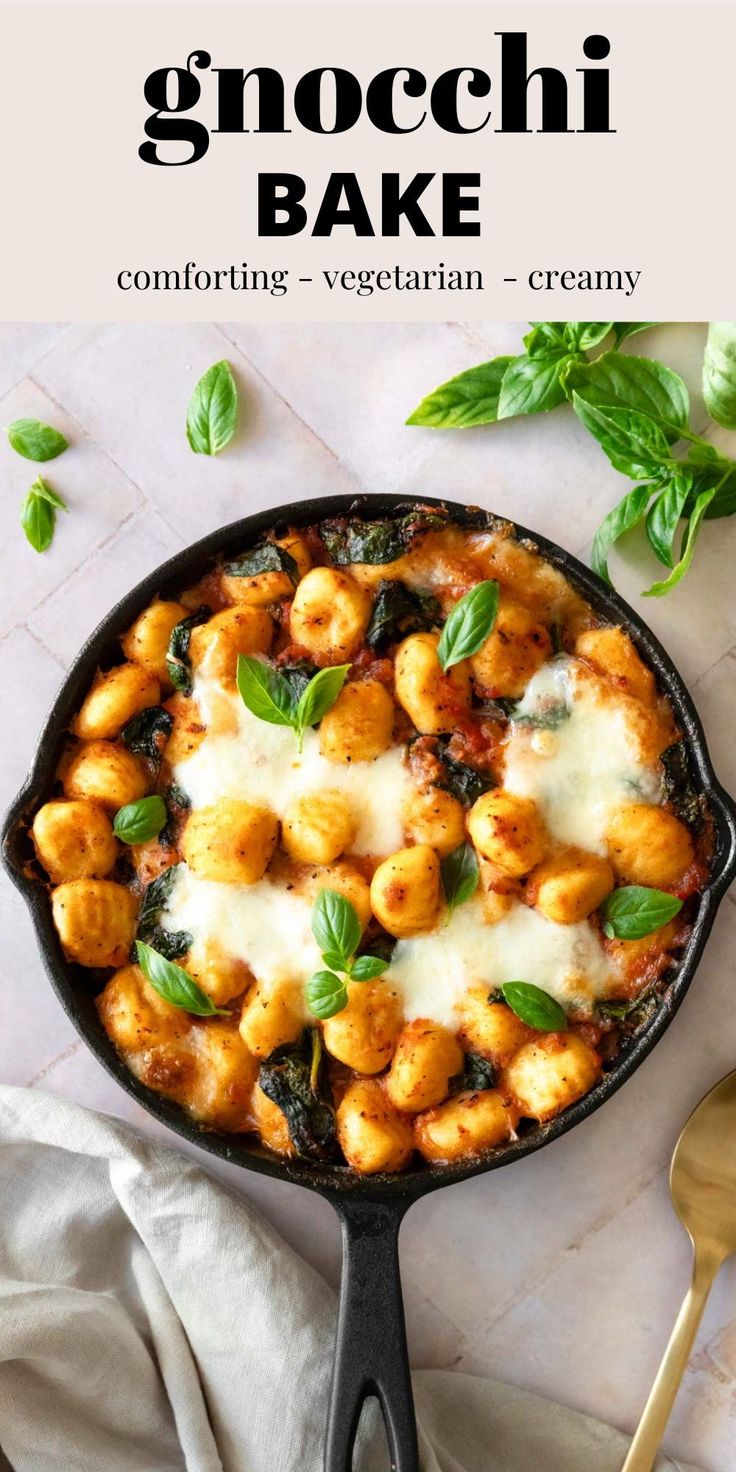 gnocchi bake in a cast iron skillet with basil and cheese