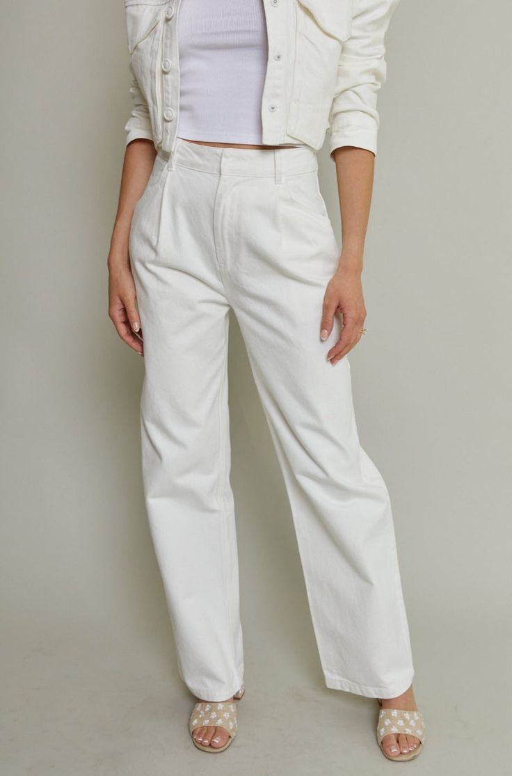 A classic white pant style you'll be sure to love. The Tanya is a high waisted pant with a wide leg fit. Fully lined with pockets and a hook and bar closure. Total length: 43.38", Waist: 27.25", Inseam: 31"- Shell: 100% Cotton- Lining: 80% Polyester 20% Cotton This style is fitting true to size. Maddison is wearing an XS XS fits sizes 0 - 2. S fits sizes 4 - 6. M fits sizes 6 - 8. L fits size 10 - 12. Please note all online inventory reflects in store inventory. Formal White Wide Leg Pants With Belt Loops, Elegant White Wide Leg Pants With Belt Loops, Classic White Wide Leg Pants For Work, Classic White High Waist Wide Leg Pants, White Wide Leg Pants With Welt Pockets For Work, Classic White Wide Leg Pants With Welt Pockets, Classic White High-waisted Wide Leg Pants, White Cotton Wide Leg Pants With Belt Loops, Classic White Pants With Belt Loops