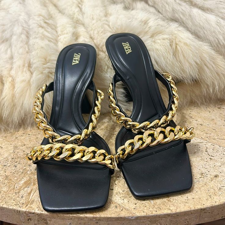 Zara Sandals New Without Tag Never Worn Amazing And Chic Trendy Chain Strap Sandals For Party, Trendy Chain Strap Party Sandals, Chic Beach Sandals With Chain Strap, Chain Strap Open Toe Sandals For Night Out, Trendy Party Sandals With Chain Detail, Party Sandals With Chain Strap And Round Toe, Gold Sandals With Chain Strap For Evening, Gold Chain Sandals For Evening, Summer High Heel Sandals With Chain