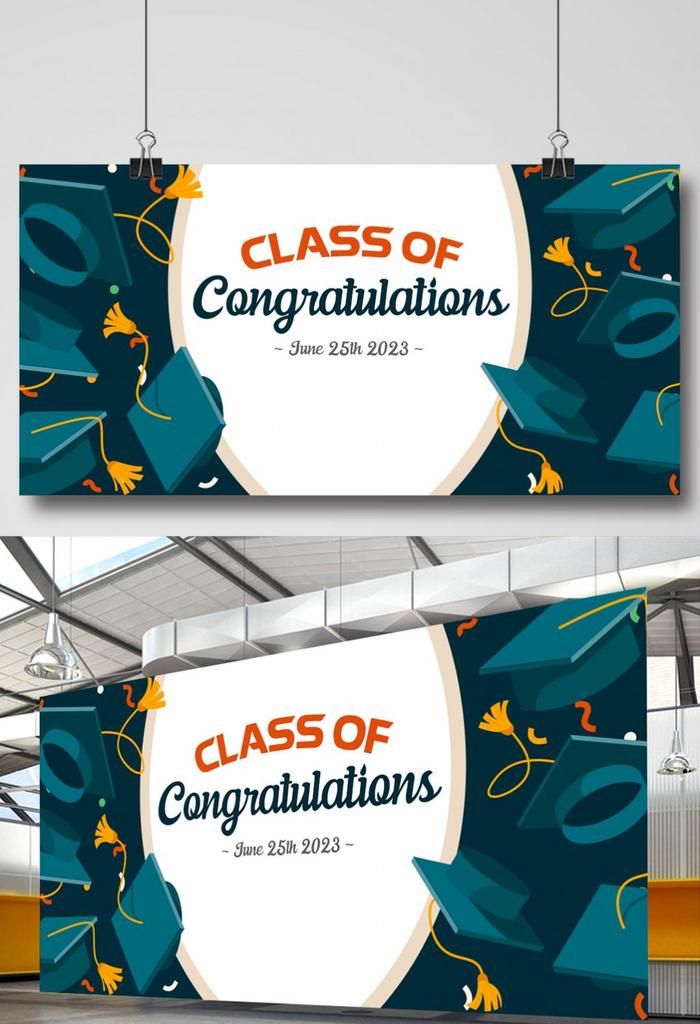 two banners hanging from the ceiling with graduation decorations