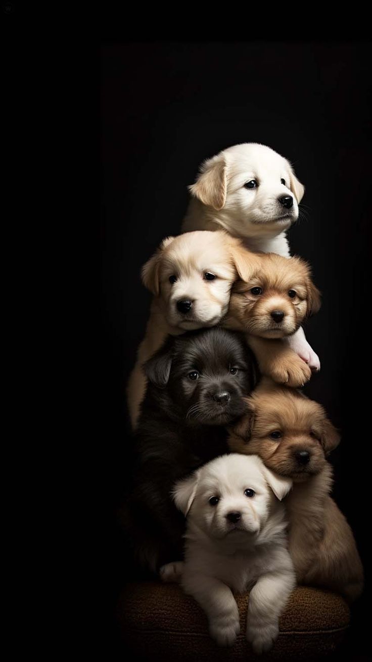 a group of puppies sitting on top of each other in front of a black background