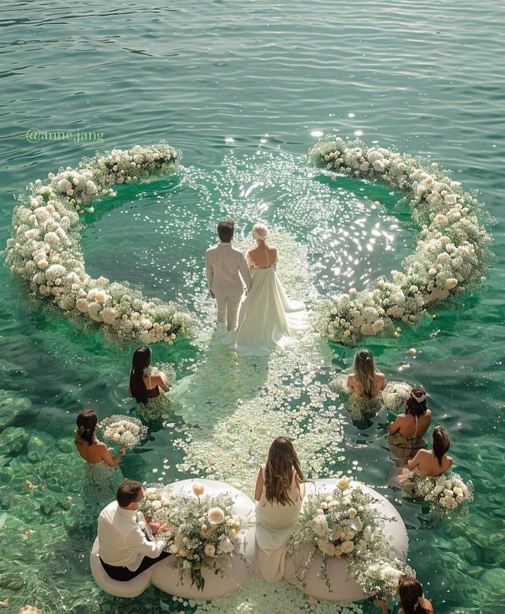 the bride and groom are walking into the water from their wedding ceremony in the ocean