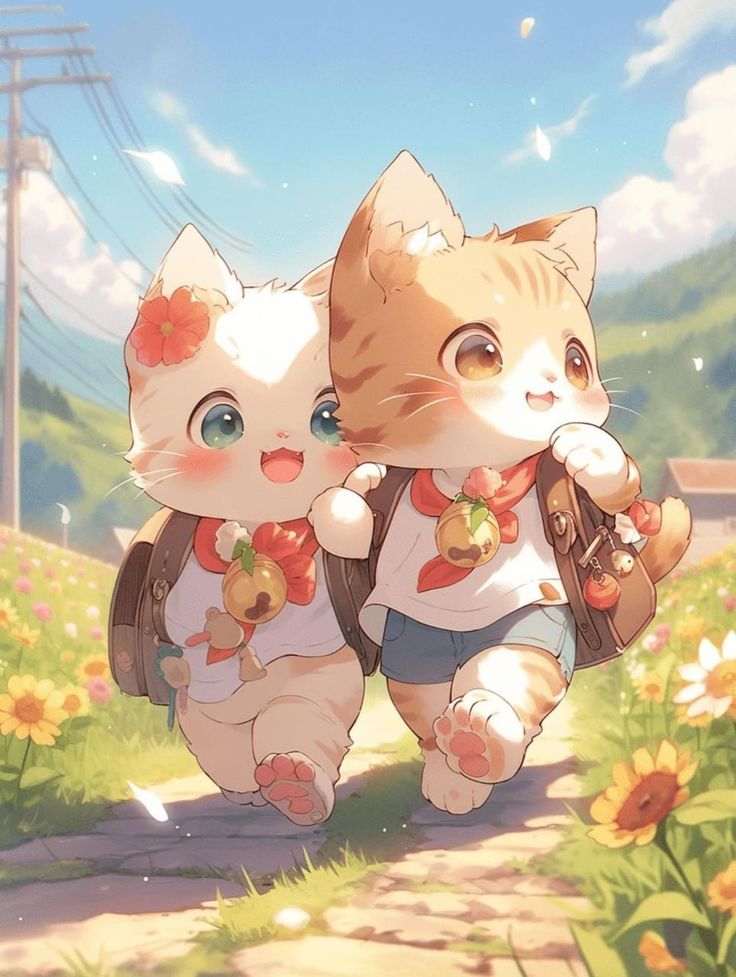 two cats are walking down a path with flowers on their backs and one cat is carrying a backpack