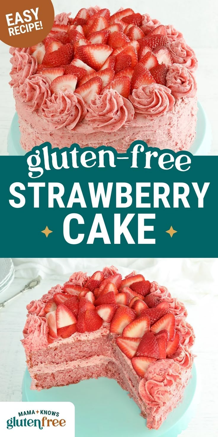 the gluten - free strawberry cake is cut into slices