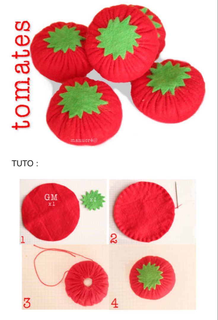 the instructions for making felt strawberrys are shown in red and green, with green leaves on