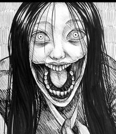 a drawing of a creepy woman with long hair wearing a tie and smiling at the camera