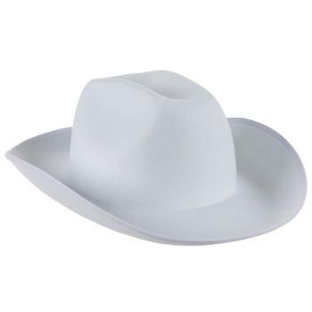 Details: 	 Length: 15" 	 Width: 12" 	 Height: 6" Saddle up with a stylish new accessory! Cowboy Hat is made of hard felt with a solid white color and is sized to fit most adults. The hat's characteristic tapered top and curled brim make it look just like a cowboy's. Wear it as a part of a costume, or use it to keep the sun out of your eyes! It might not be a whole ten gallons, but this hat will bring lots of western style to your look. White Fedora Hat For Rodeo, Western White Cap Hat, Western White Top Hat With Flat Brim, Western Style White Top Hat With Flat Brim, White Western Top Hat With Flat Brim, White Wide Brim Hat For Country Events, White Flat Brim Hat For Country Events, White Wide Brim Top Hat In Western Style, Western White Hat With Curved Brim