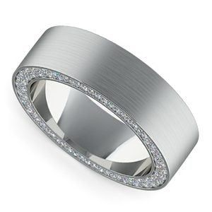 men's wedding band with white gold and diamonds inlayed to the center