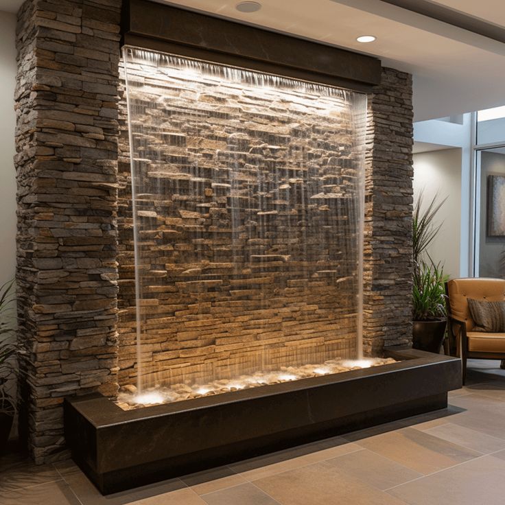 an indoor water fountain with lights on it's sides in front of a stone wall