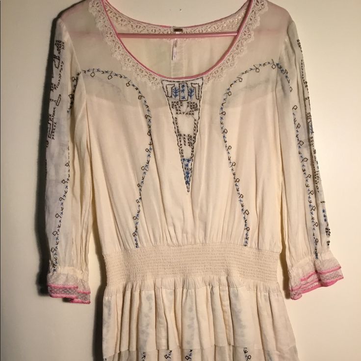 Free People Dress With The Most Beautiful Embroidery And Lace , Love Never Seen Another One Like It ! 100% Cotton , Nwot Bohemian Pink Dress With Intricate Embroidery, Pink Long Sleeve Dress With Embroidered Hem, Bohemian Embroidered Fitted Dress With Long Sleeves, Summer Pink Embroidered Dress With Intricate Embroidery, Fitted Long Sleeve Embroidered Dress For Summer, Feminine Summer Dress With Intricate Embroidery, Pink Feminine Dress With Intricate Embroidery, Pink Dresses With Intricate Embroidery, Spring Pink Dress With Intricate Embroidery