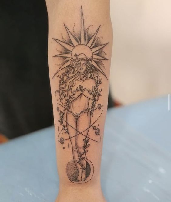 a tattoo on the leg of a woman with sun above her head and flowers around her ankles