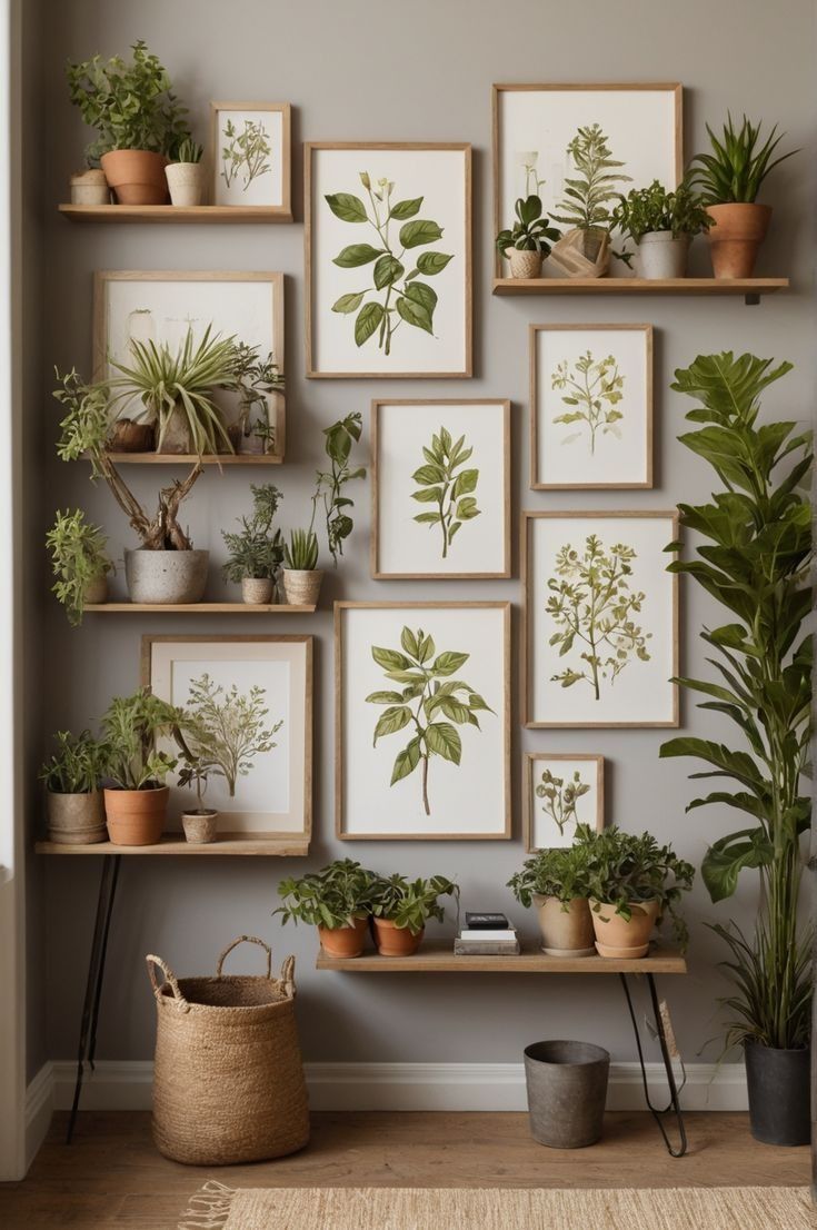 many plants are arranged on the wall in front of some shelves with pictures and potted plants