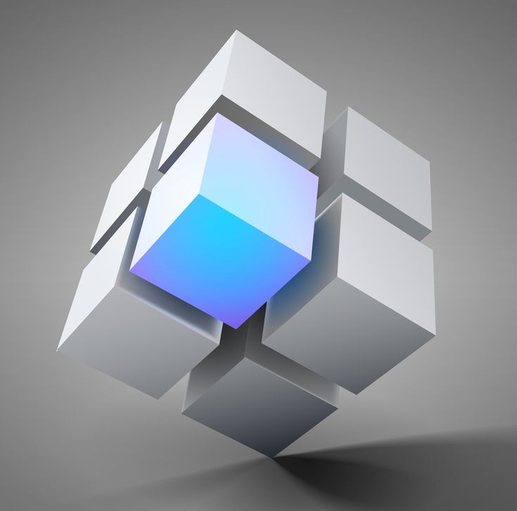 an abstract 3d object with blue and white squares in the center, on a gray background