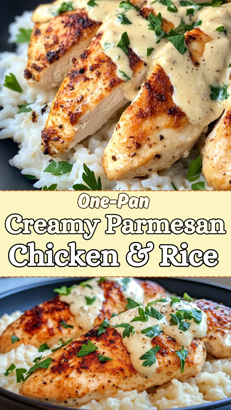 Chicken Recipes: One-Pan Creamy Parmesan Chicken & Rice Chicken Recipes For Dinner With Rice, Quick Weeknight Meals Families, Easy One Pan Chicken Recipes, Pre Made Chicken Recipes, Parmesan Chicken Sheet Pan Dinner, Easy Chicken Pan Recipes, Creamy Chicken And Rice Instant Pot, Creamy Sauce For Chicken And Rice, Healthy Chicken With Rice