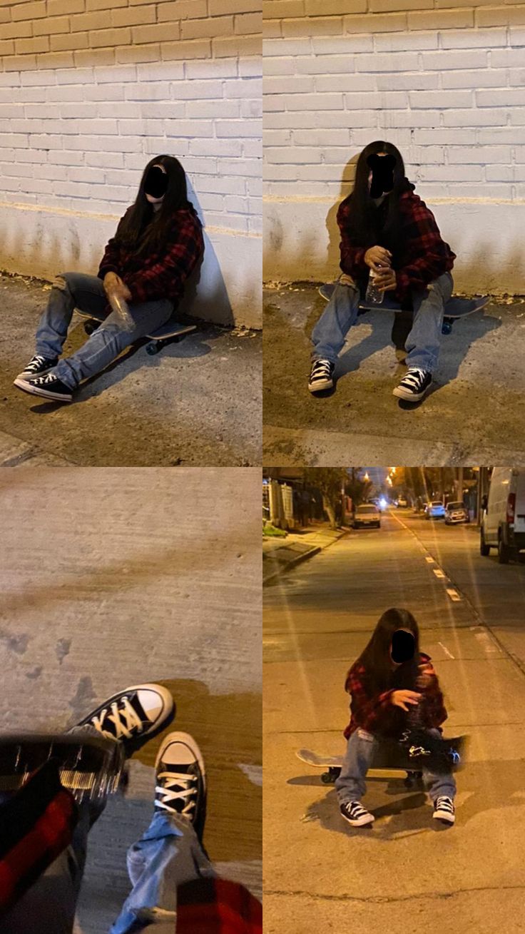 four different shots of a person sitting on the ground