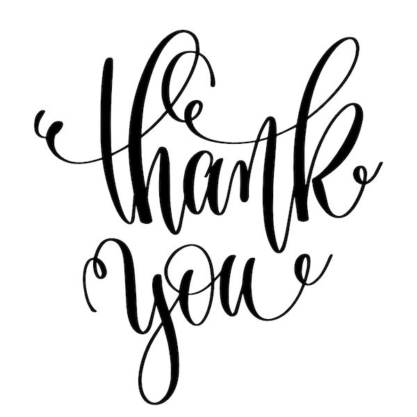 the words thank you are written in cursive writing on a white background with black ink