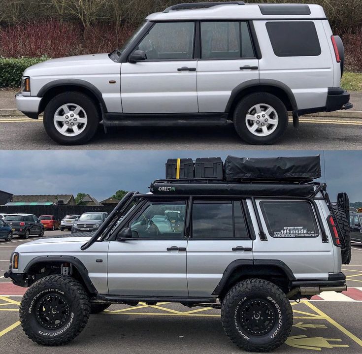 two pictures side by side of a silver land rover and the same one with black tires