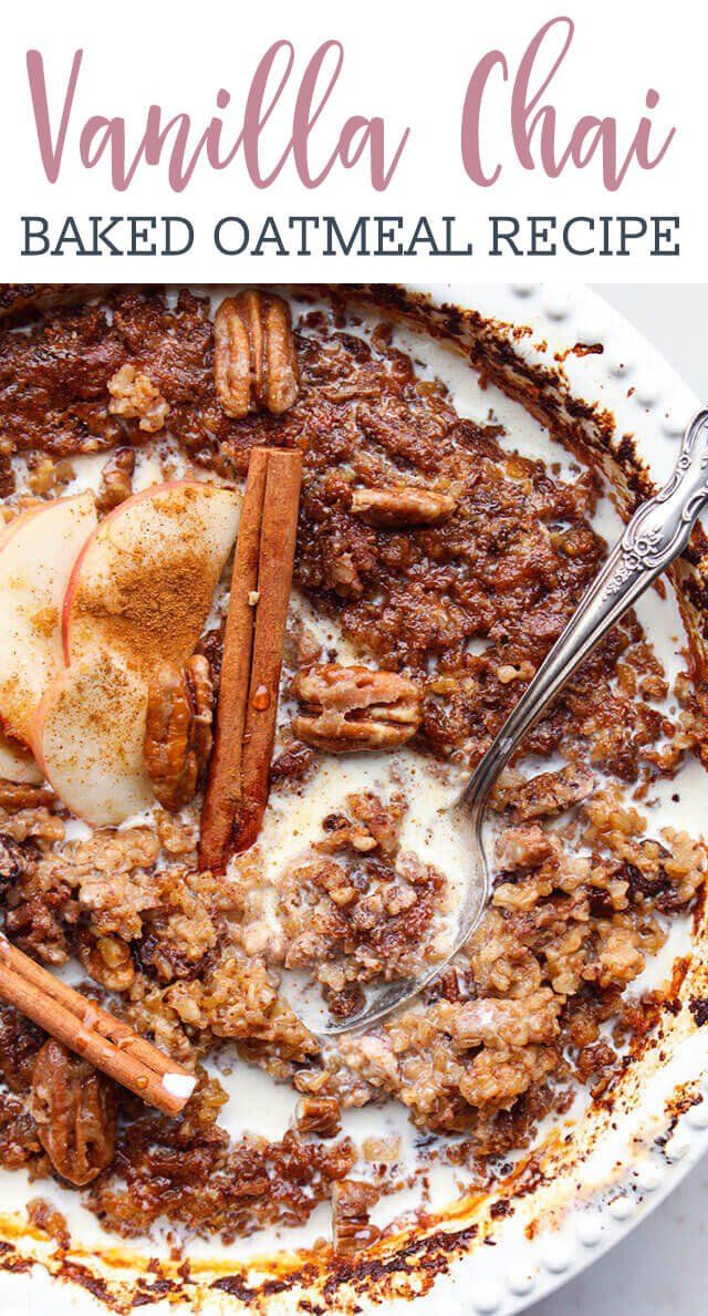 an apple cinnamon baked oatmeal recipe in a white bowl with spoons