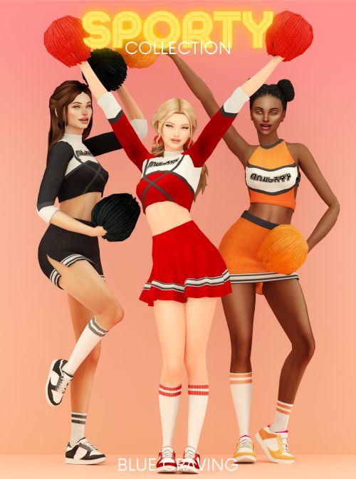 three women in cheerleader outfits are posing for the camera with their hands up and one is holding two dumbs