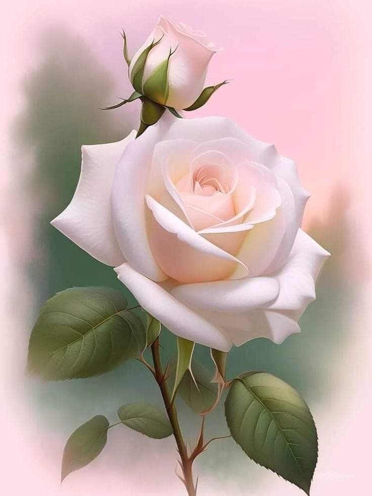 a white rose with green leaves on a pink background