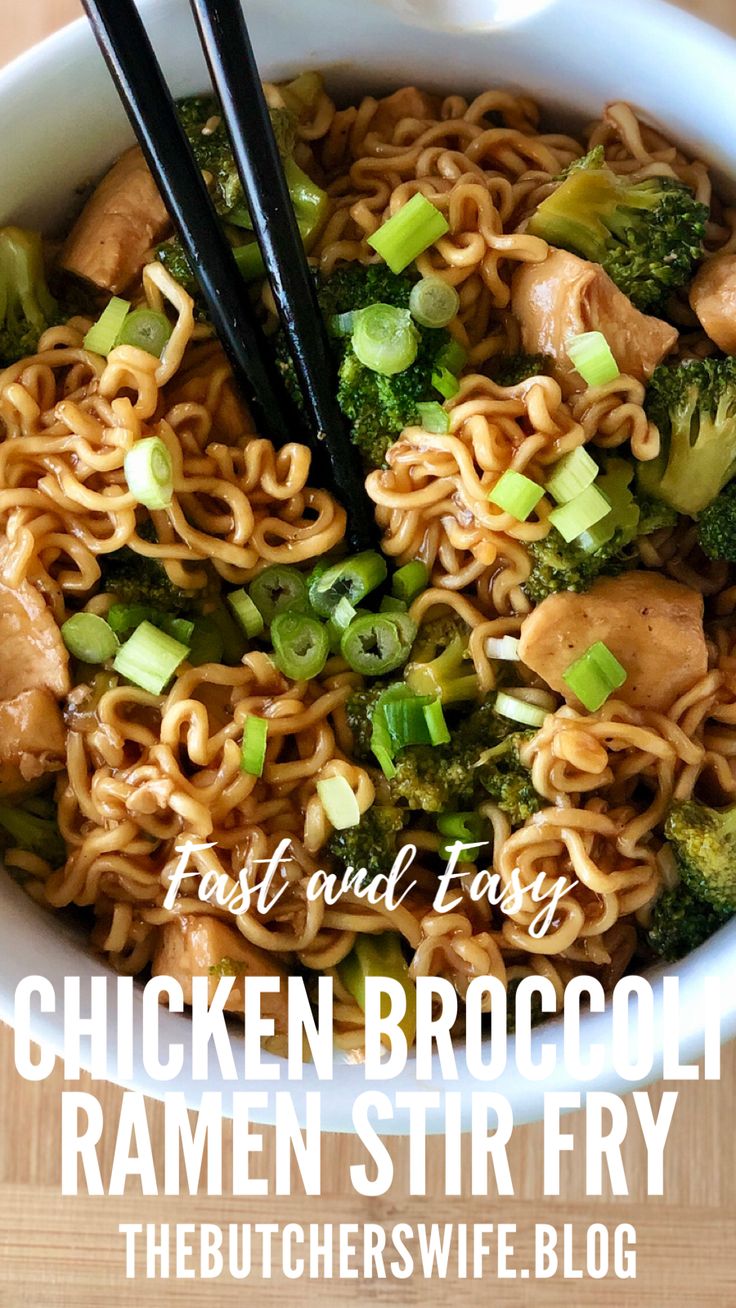 chicken and broccoli ramen stir fry in a white bowl with chopsticks