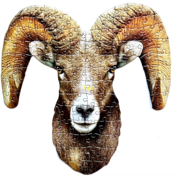 the puzzle is shaped like a ram's head with large horns and curled horns