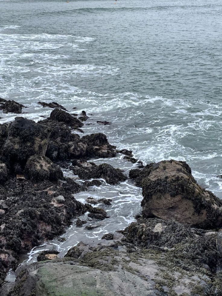 Gloomy and dark atmosphere, the photo is of a rocky shore with waves crashing against the rocks. Ocean Shore Aesthetic, The North Sea, North Sea Aesthetic, British Coastline, Scottish Coast, Sea Hag, Rocky Island, Scotland Aesthetic, Rocky Shoreline