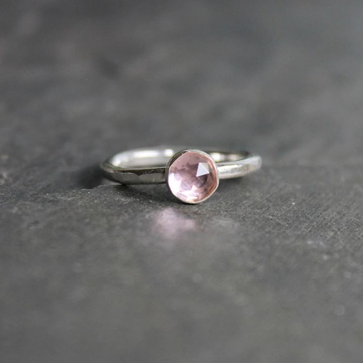 Sterling Silver Pale Pink Morganite Stacking Ring – AccentYourself Dainty Pink Round-cut Jewelry, Dainty Pink Round Cut Jewelry, Rose Gold Sterling Silver Stackable Rings With Birthstone, Delicate Pink Stackable Rings For Gifts, Dainty Pink Stackable Promise Rings, Minimalist Pink Crystal Ring As Gift, Pink Rose Quartz Birthstone Jewelry, Minimalist Pink Rings For Gift, Pink Fine Jewelry For Everyday