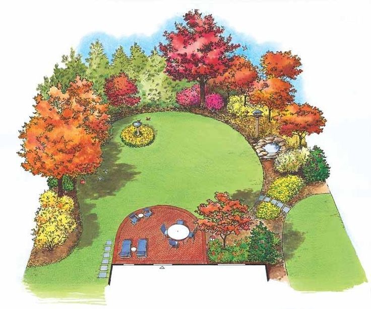 an artist's rendering of a house in the middle of a park with trees and lawn furniture