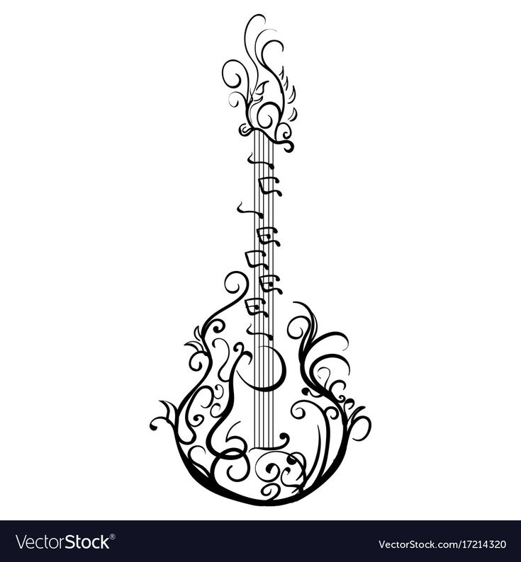 an acoustic guitar with floral ornament on the neck and fret, black and white