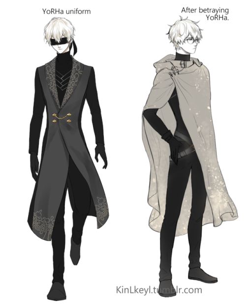 an anime character with white hair and black clothes, standing next to another character wearing a cape