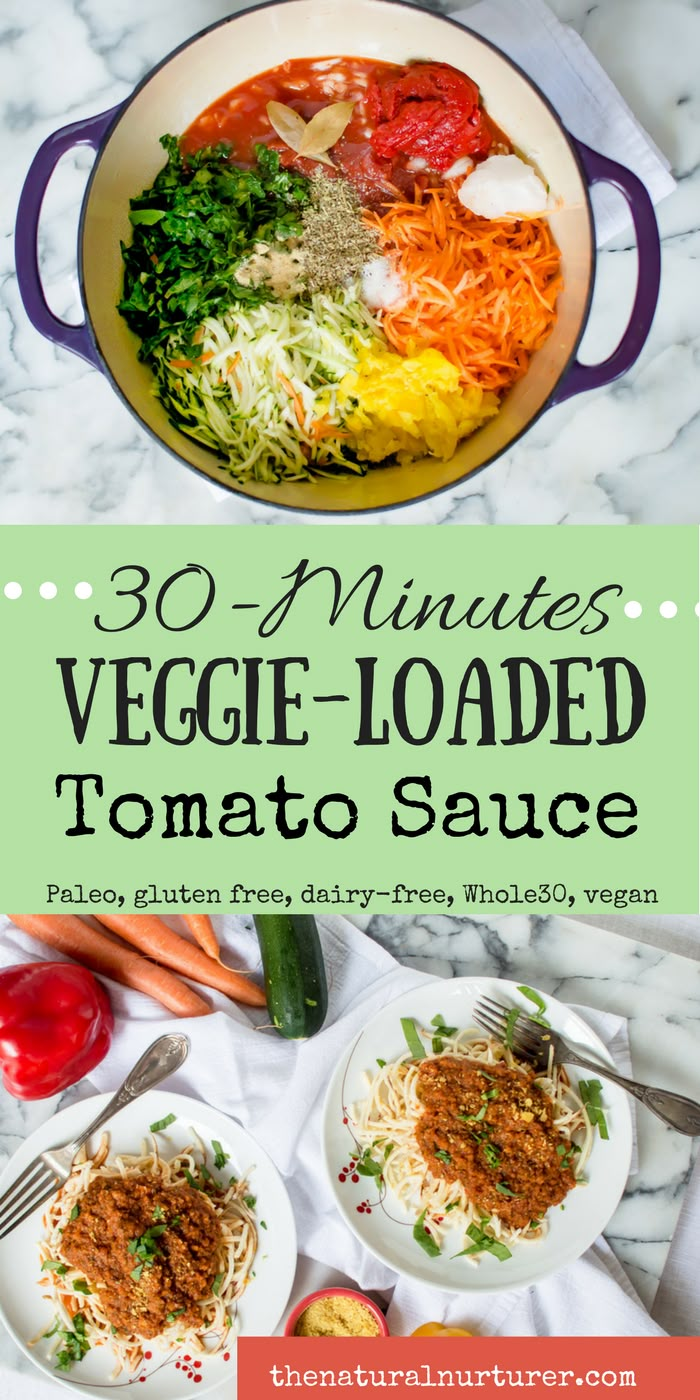 the cover of 30 minutes vegetable - loaded tomato sauce is shown with two plates of food