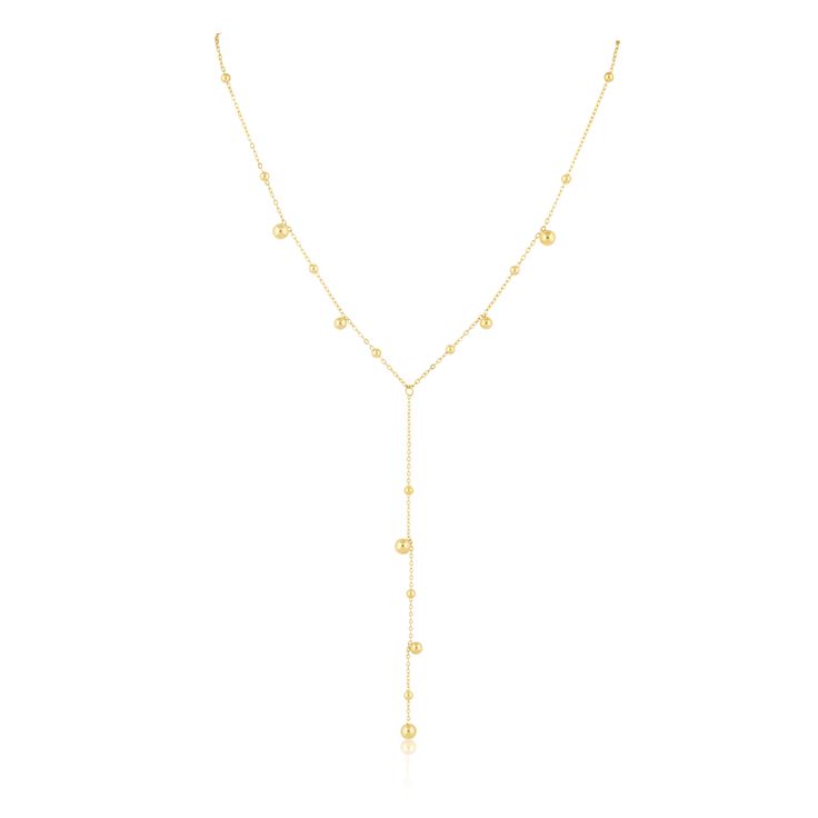 Add some fun and flair to your outfit with our Beaded Lariat necklace! This unique piece features gorgeous gold beads for a touch of elegance and playfulness. Perfect for any occasion, it's sure to make a statement! 18k Gold Plated over Stainless Steel 16" +2" Ext 4" Drop Water & Tarnish Resistant Hypoallergenic Lariette Necklace, Beaded Lariat Necklace, Clothes Pieces, Drop Water, Blue Wine Glasses, Long Gold Necklace, Gold Beaded Necklace, Necklace White Gold, Dream Items