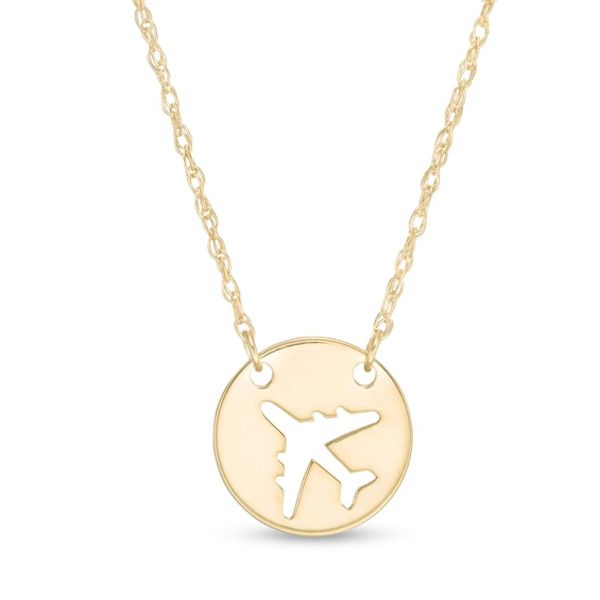 This miniature cut-out airplane design disc-shaped necklace fashioned in 14K gold is centered along a 16.0-inch rope chain, with a 2.0-inch extender, that secures with a spring-ring clasp. Airplane Necklace, Airplane Design, Word Love, Font A, Necklace Clasps, Disc Necklace, Travel Inspired, Chain Ring, Rope Chain