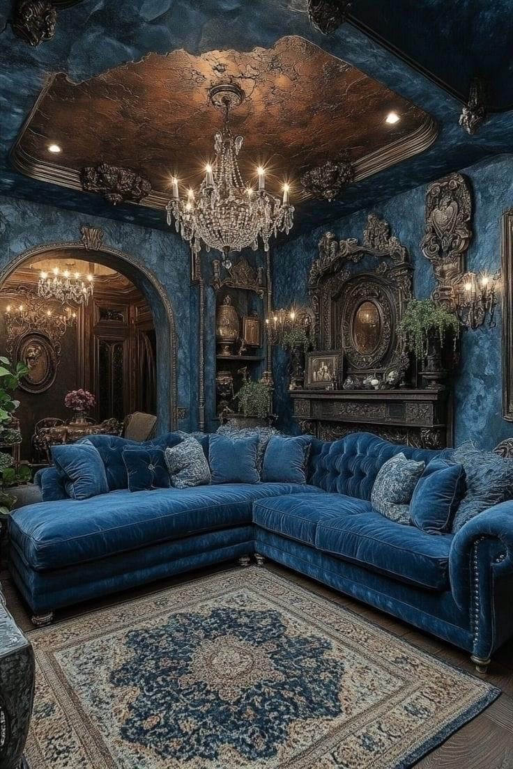 Living Room Dark Colors, Stargazing Room, Goth Chandelier, Blue Goth Aesthetic, Blue Velvet Living Room, Blue Victorian House, Victorian Farmhouse Decor, Living Room Dark, Room Dark